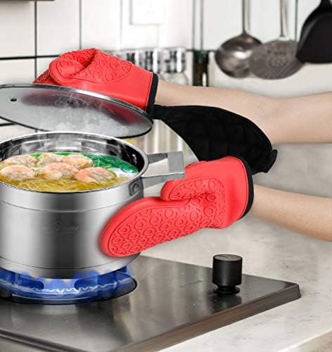 Alimat PluS Double Oven Gloves Mitts - Heat Resistant Silicone Oven Gloves Non-Slip with Cotton Lining for Kitchen, Baking, Cooking, Microwave (Red)