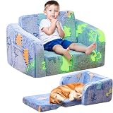 Lamerge 2-in-1 Soft Toddler Couch Fold Out,Foldable Toddler Chair, Glow in The Dark Kids Sofa for playroom,Convertible Foam and Floor Cushion for Boys and Girls (Blue and Dinosaur)