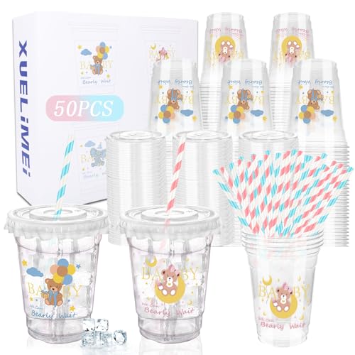 Xuelimei Baby Shower Party 12 oz Disposable Plastic Cup with Lids Pink and Blue Bear Cups Baby Shower Table Decorations Baby Shower Party Disposable Clear Plastic Cups for Party Favors (50)