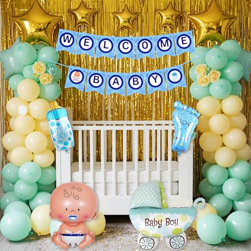 Image of 57 Pcs Welcome Baby Boy Decoration Kit | Balloons, Banner, Curtains, Foils, Stars, Hearts, Ribbon & Confetti for Baby Shower & Newborn Celebration Set 06