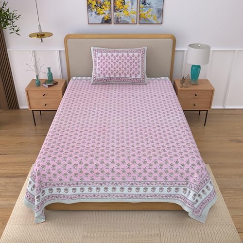 Image of 100% Cotton Single Bedsheet with 1 Pillow Cover | 240 TC Pure Cotton Flat Bed Sheet | Traditional Jaipuri Printed Bedding Set | Soft & Breathable | 60 x 90 Inch (Rangmahal Single 09)