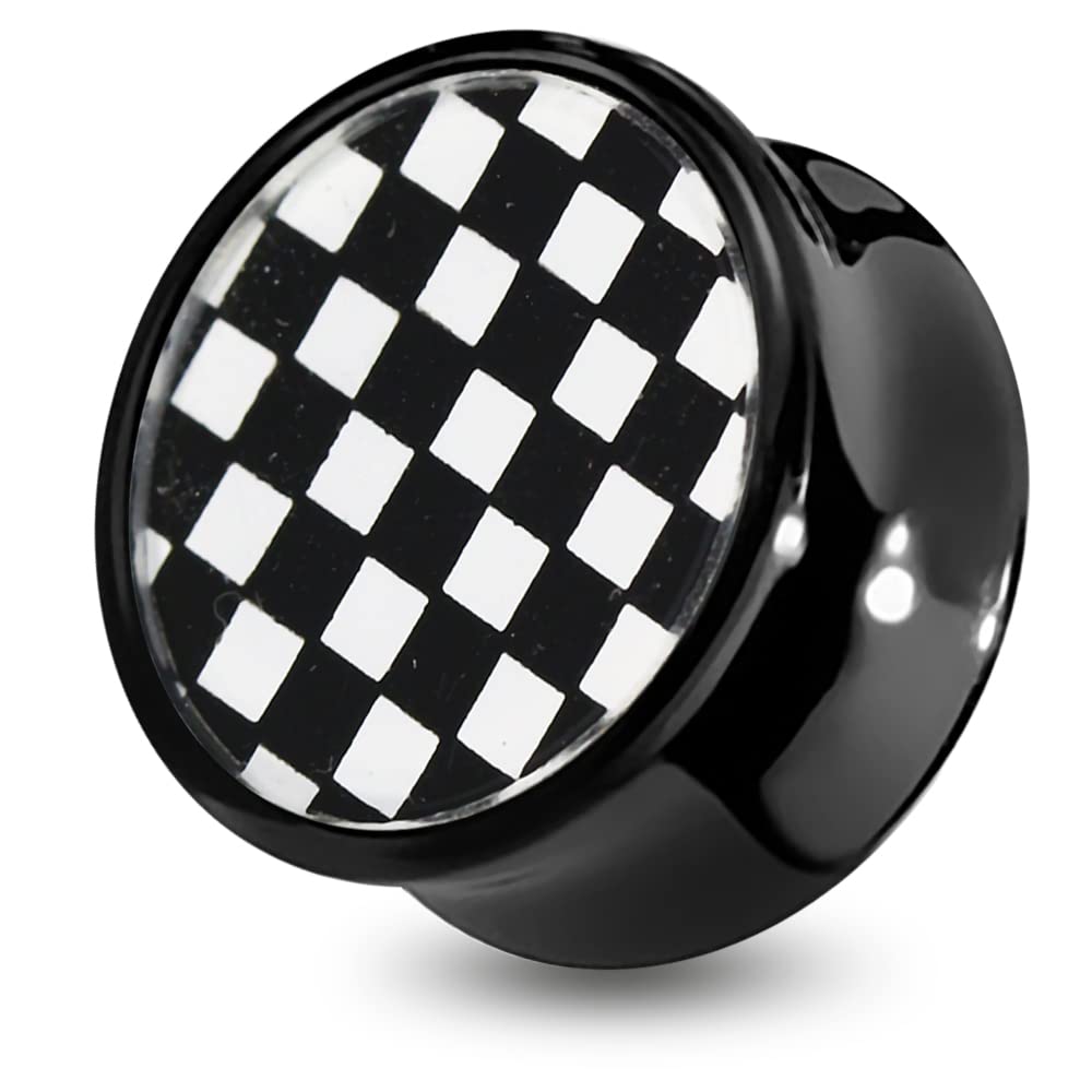 AZARIO LONDON Checker Transparent Logo Black UV Acrylic Double Flared Gauge Ear Plug Piercing - Sold by Piece
