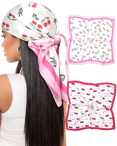 AWAYTR 27.5 Satin Head Scarf for Women Like Silk Scarf Hair Bandanas Women 2Pcs Satin Neck Scarf Headscarf Hair Wrap (Cherry - Pink)