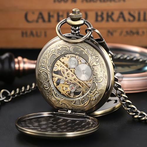 Image of Vintage Gold Double Sides Open Case Mechanical Men's Pocket Watch,Double Face Roman Dial Clock Hand Wind Pocket Watch for Men with FOB Chain