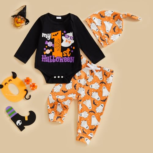 My 1st Halloween Baby Boy Outfit Letter Print Long Sleeve Romper Pumpkin Ghost Spider Long Pants Hat 3Pcs Set4