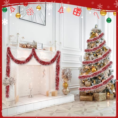 Image of 50ft Red&White Christmas Tinsel Garland Christmas Tree Garland Decorations Metallic Tinsel Glitter Twist Garlands Hanging Streamers for Indoor Xmas Holiday Decor