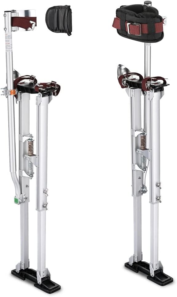 Adjustable Aluminum Drywall Stilts with Knee Pads Protection 36"-50" Aluminum Tool Stilt 3-Position Heel Bracket Dual Action Springs for Taping or Cleaning （Silver）