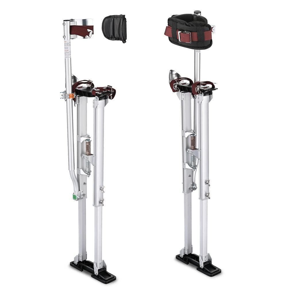 Regulowane aluminiowe szczudła do płyt gipsowo-kartonowych z nakolannikami 36"-50", 3-pozycyjnym podparciem pięty i sprężynami podwójnego działania do opasania lub czyszczenia (srebrne)