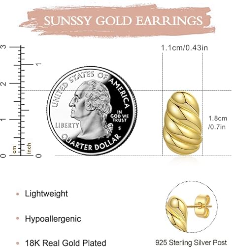 Sunssy Chunky Gold Hoop Earrings For Women 925 Sterling Silver Post Hypoallergenic Long Waterdrop Earrings For Girls 18K Gold Teardrop Statement Earrings Lightweight Trendy Jewelry #TOP3