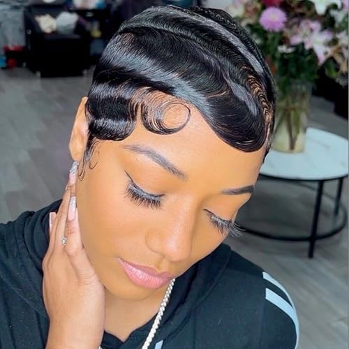 Pixie Cut Wig Human Hair for Black Women Brazilian Finger Ocean Wave...