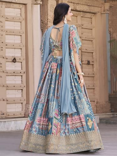 Image of AG Clothing Women's Digital Print With Zari Dori Embroidery Work Chinnon Silk Lehenga Choli With Dupatta (Women-Lehenga-Choli-New; Free size)