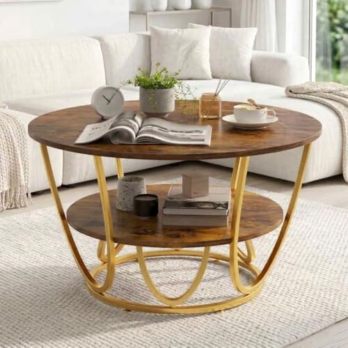 Image of EDEUEQUE Round Coffee Table Modern Sofa Side Table for Living Room End Table Telephone Table with 1 Shelf Storage Wooden Tabletop-Marble Print with Metal Frame (Golden Brown)