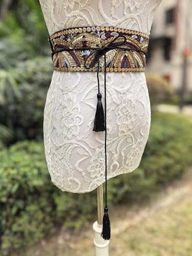 FANFAN Black Embroidered Belt Women Vintage Mexican Embroidered Belt 1920s Gold Sequin Belt Brown Embroidered Belt Women E72