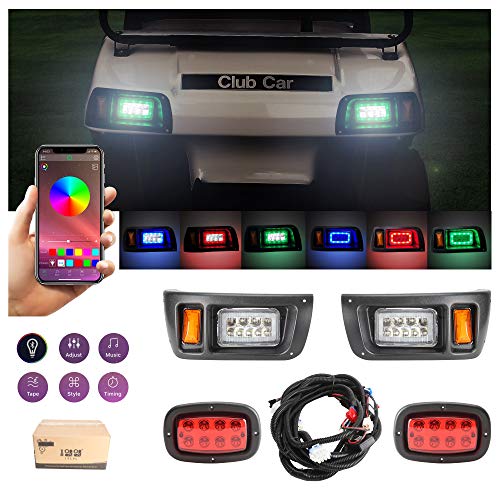 10L0L Golf Cart Deluxe LED Headlight &Taillight Kit for Club CAR DS,RGB Music Daytime Light, High/Low Beam Turn Signal Light Hazard Brake Light 16V-80V Wide Voltage Input