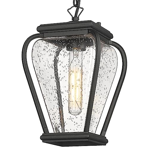 Gooray Outdoor Pendant Light Fixture,13" Outdoor Pendant Lights For Porch, Large Exterior Hanging Lantern Porch Light Outside Lighting For House In Sand Black Finish Clear Seeded Glass Lamp Shade #TOP5