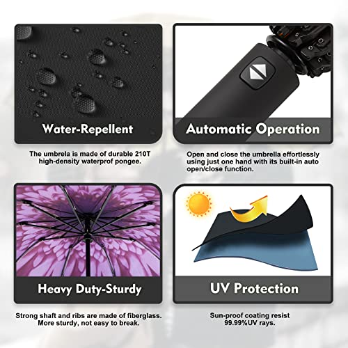 Trenovo Travel Inverted Umbrella - 10 Ribs Automatic Folding Reverse Umbrella, Upside Down Umbrella For Rain, Compact Windproof Umbrella, Anti-Uv Inside Out Umbrella For Car, Women And Men - Purple Flower #TOP4