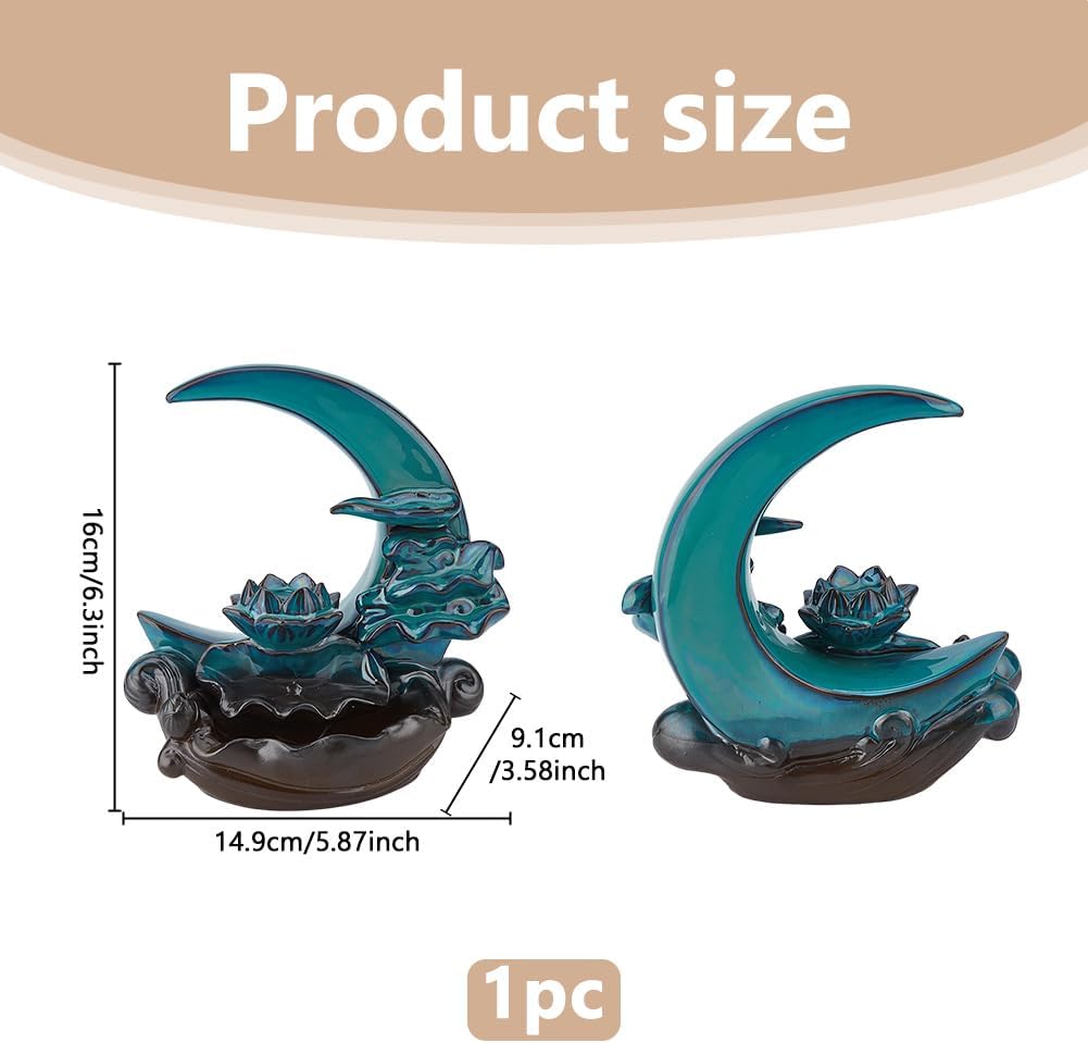DICOSMETIC New Moon Lotus Backflow Incense Burner Ceramic Waterfall Incense Burner Ceramic Censer Cones Sticks Teal Porcelain Holders for Home Decor, Meditation, Yoga