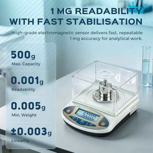 Bonvoisin Analysenwaage 500g/0,001g, Hochpräzise Laborwaage mit Windschutz, 1mg Ablesbarkeit, Edelstahlplatte, 13 Einheiten, Tara- & Zählfunktion, Werkskalibriert für Labor, Schmuck & Gold