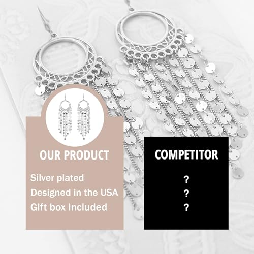 Bohemian Boho Tassel Dangle Drop Earrings for Women – Lightweight Filigree Gypsy Coin Chandelier Disc Charm Hoops – included Gift Box4