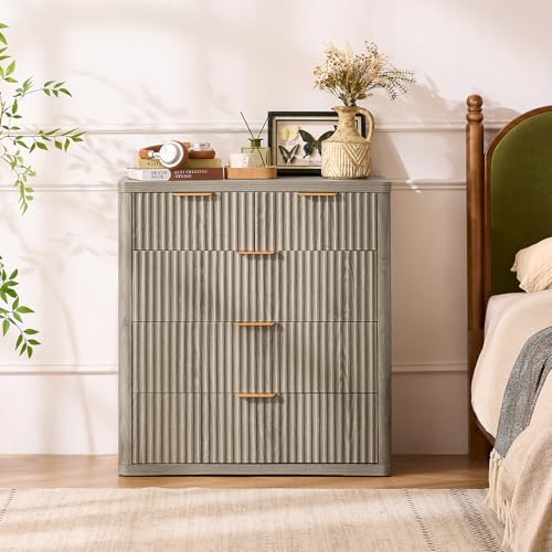Image of LEYAOYAO Fluted 5 Drawers Dresser for Bedroom Set of 2, 34 inch Tall Modern Chest of Drawers with Metal Handle, Curved Profile Design,Grey Wood Drawer Organizer for Bedroom, Living Room, Hallway