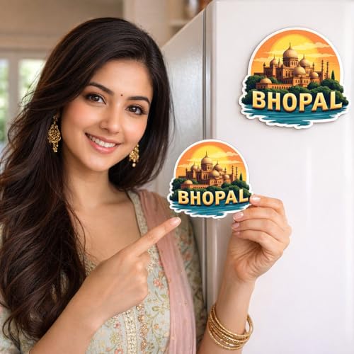 Image of Naxon Bhopal City of Lakes Souvenir Wooden Fridge Magnet | Upper Lake, Taj-ul-Masajid Landmark Design 3x3 Inch Refrigerator Magnet for Kitchen & Home Decor | Travel Gift from Bhopal MP | Pack of 1