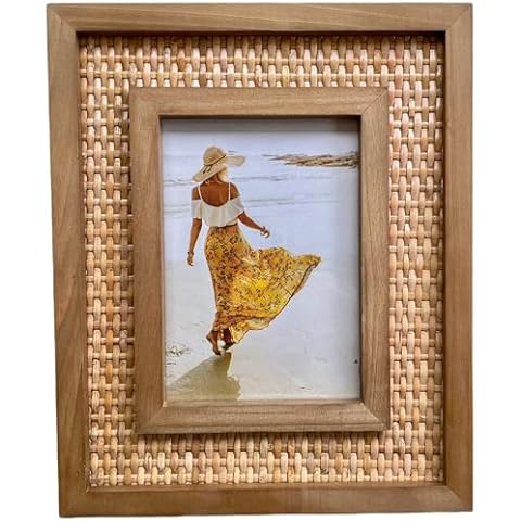 Fairwood Way Rattan and Wood Picture Frame | Coastal or Boho Picture Frame | Tabletop Stand and Wall Mount (for 5x7 Photos) | Single Display or Gallery Wall Cover