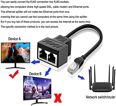RJ45 Ethernet Cable Splitter Network Adapter,Ethernet Splitter 1 to 2 Cable Adapter Suitable Super Cat5, Cat5e, Cat6, Cat7 LAN Ethernet Socket Connector Adapter lan Splitter (1 to 2 cable)
