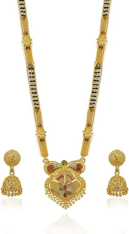Presents Traditional Necklace Pendant Gold Plated Glorious Hand Meena 30 Inch Long 2 Inch Earring Set Mangalsutra/Tanmaniya/Nallapusalu/Black Beads #Aport-2051