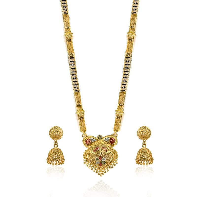 Aport HomePresents Traditional Necklace Pendant Gold Plated Glorious Hand Meena 30 Inch Long 2 Inch Earring Set Mangalsutra/Tanmaniya/Nallapusalu/Black Beads #Aport-2051