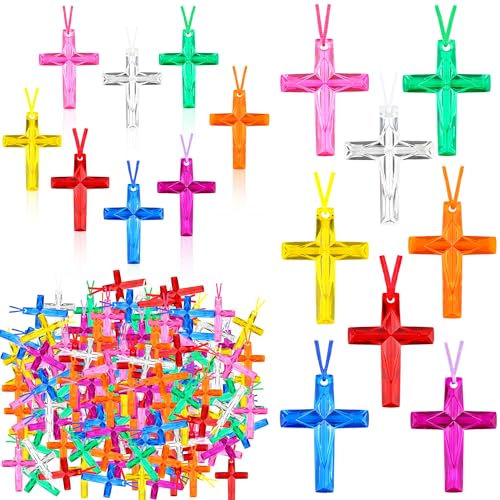 Kugliwa 128 Pcs Crystal Cross Necklace Plastic Colored Cross Necklaces Bulk for Christian Religious Party Favors School Prizes Church Easter Egg Fillers Gift, 8 Colors