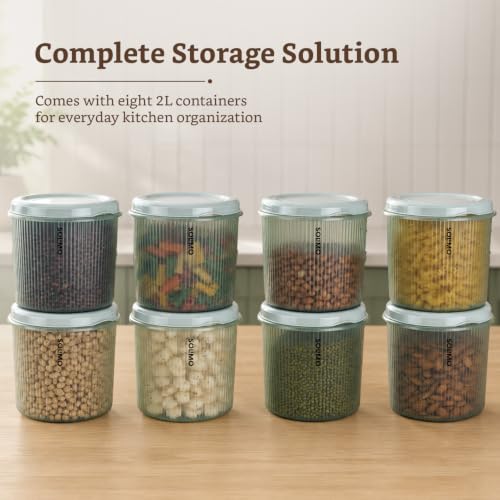 Image of Amazon Brand - Solimo Storewell Linea Plastic Storage Containers Set of 8 (1.9L Each) | BPA-Free, Stackable & Transparent Ribbed Kitchen Storage Jars, Coral Green
