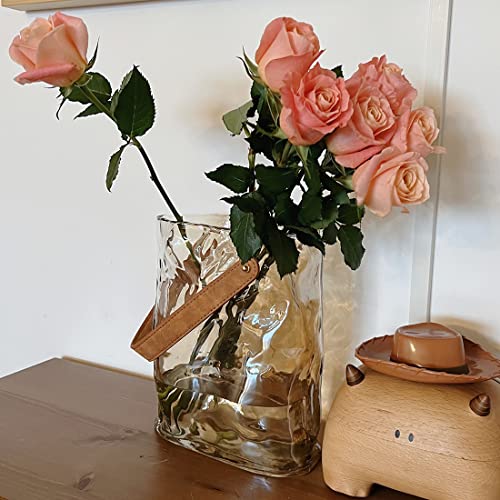 Handbag Shape Glass Vase, Clear Flower Vase With Leather Handle, Glass Purse Vase For Decor, Great For Floral Arrangement, Centerpiece, Home And Office (Large) #TOP6