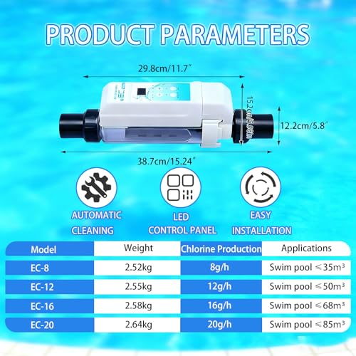 Image of Salt Chlorine Generator with LED Control Panel & Salinity Display, Salt Water Pool Chlorinator for Swimming Pools and SPAs, 8g-20g /h Output with Simple Use 20g /h