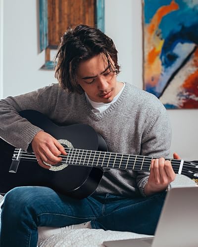 Image of Winzz Beginner Adult Classical Guitar with 7 Accessories - Nylon String 4 /4 Guitar Pack - Glossy Black 39 Inch