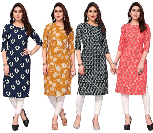 Image of JAKHANA Women's Crepe Printed Casual Straight Calf Length Round Nick Kurta Pack of 4