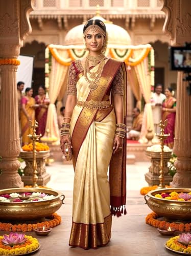 Image of VFCollections Women's Kanchipuram Silk Bridal Pure Pattu Cream White Sarees With Blouse
