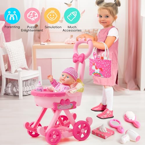 Golray Girl Baby Doll Stroller Toy Set with 12