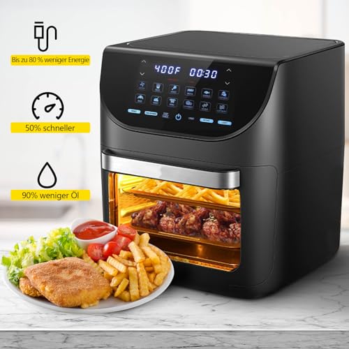 PRIJESSE Heißluftfritteuse 12L mit LED-Touchscreen, 12 Liter Air Fryer, 1700W Mini Backofen, ohne Öl, Dörrautomat Funktion, 12 Programme, inkl. Rezeptheft und Zubehör – Bild 8