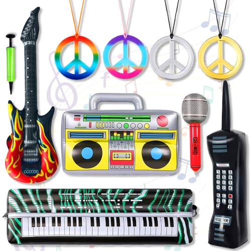 10 peças instrumentos musicais insufláveis, decoração de festa anos 80, rádio insuflável dos anos 80, telefone insuflável, acessórios para festas nos anos 80 e 90, Deko 80er 90er Jahre Party