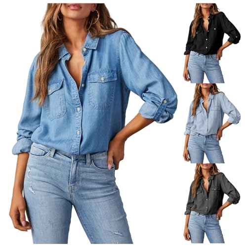 Women Denim Shirt Retro Long Sleeve Button Down Blouse Chambray Western Jean Shirt Jacket Business Casual Tops4