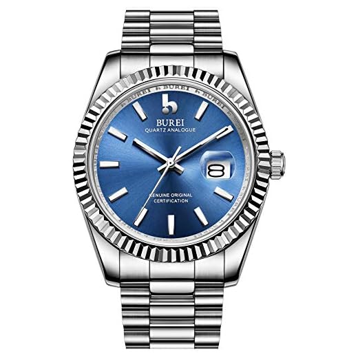 BUREI Relojes de lujo para hombre, de acero inoxidable, analógico, de moda, impermeables, para hombres, regalos para hombres, Azul-plateado, Estilo empresarial