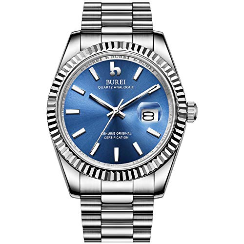 BUREI Herren-Armbanduhr, luxuriös, Edelstahl, analog, Business, Mode, wasserdicht, Geschenke für Herren, Blau/Silber, Business-Stil