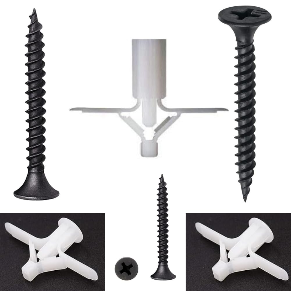 Hi-Plasst 25 Pcs Butterfly Toggle Anchor Plugs + 25 Pcs 50mm (Size 8) 2" Black Screws | Heavy-Duty Drywall Anchors for Hollow Walls, Ceiling & Plasterboard | Secure Fixing for Shelves, TV Mounts, Rods