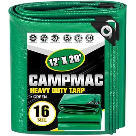 CAMPMAC Super Heavy Duty Tarp 12 X 20 Ft, 16 Mil Large Waterproof Tarps, High Durability, UV Resistant, Tear Resistant with Grommets Every 20 Inches for Outdoor (Green) Cover