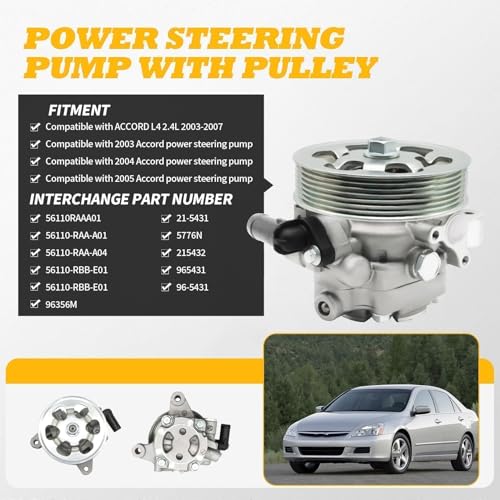 Jecoupoon 21-5341 Power Steering Pump with Pulley Compatible with Accord EX/LX L4 2.4L 2003 2004 2005 2006 2007 96-5341 56110RAAA01 by Jecoupoon - Image 2