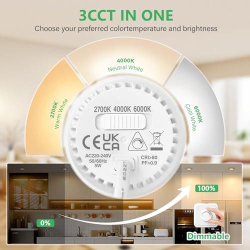GeyouLux LED Einbaustrahler 230V Dimmbar, 5W IP65 Deckenspots, Einbauleuchten 65-75mm EinbauØ, 2700K/4000K/6000K Ultra Flach Einbauspots, 3CCT Spots für Badezimmer 6er Set Nickel