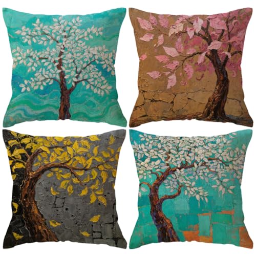 Decorative Throw Pillow Case Oil Painting Square Home Decorative Cushion Cover Garden Art Print Pillow Covers for 18 X 18 Inches Pillow Inserts, 4Pack Multicolor Trees Flowers Design