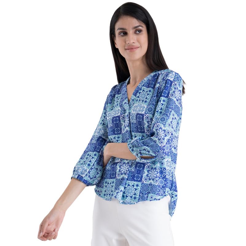 Image of FableStreet Women Formal & Casual Top | V-Neckline with Gathered Back Detail & Three-Quarter Sleeves | Premium Satin Fabric for Office Wear & Sophisticated Outings