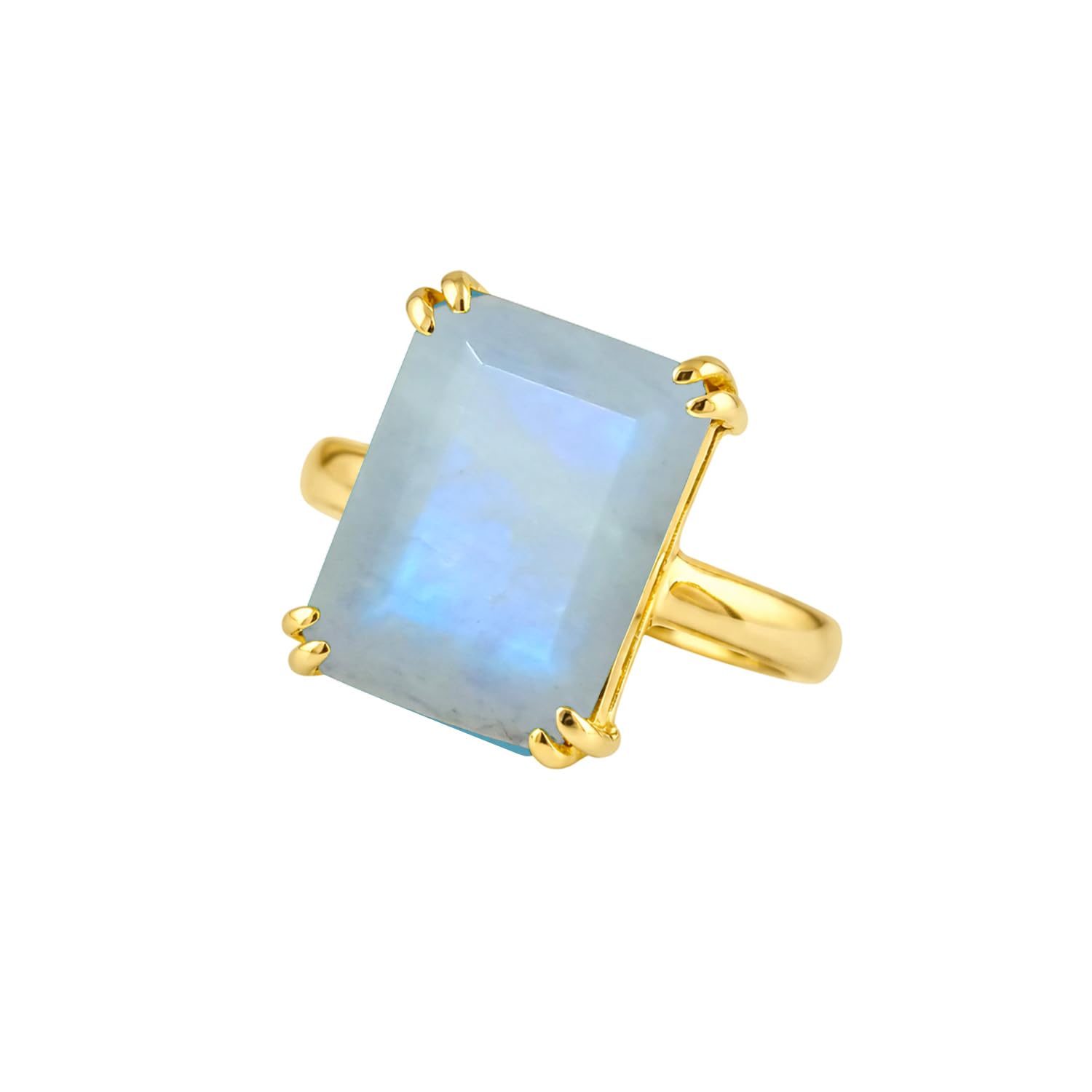 Natural Rainbow Moonstone Ring 14K Gold Plated Blue Flash Dainty Gemstone Ring for Women 925 Sterling Silver Boho Statement Ring June Birthstone Moonstone Jewelry for Mom Bridesmaid Wife Gift