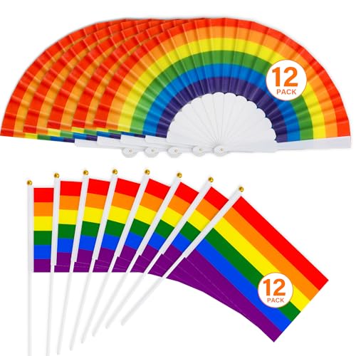 12 Pride Flags & 12 Fan, Small Gay Pride Flags Hand Fans, Rainbow Mini LGBTQ Flags Lesbian Folding Accessories, LGBT Accessories Bulk for Parade Party Decor Supplies